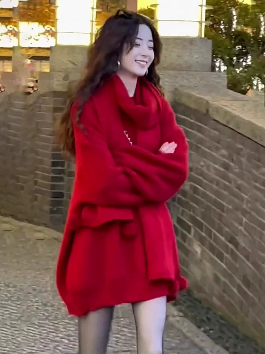 綿羊絨2024秋冬新款新年聖誕款寬鬆顯瘦紅色毛衣女
