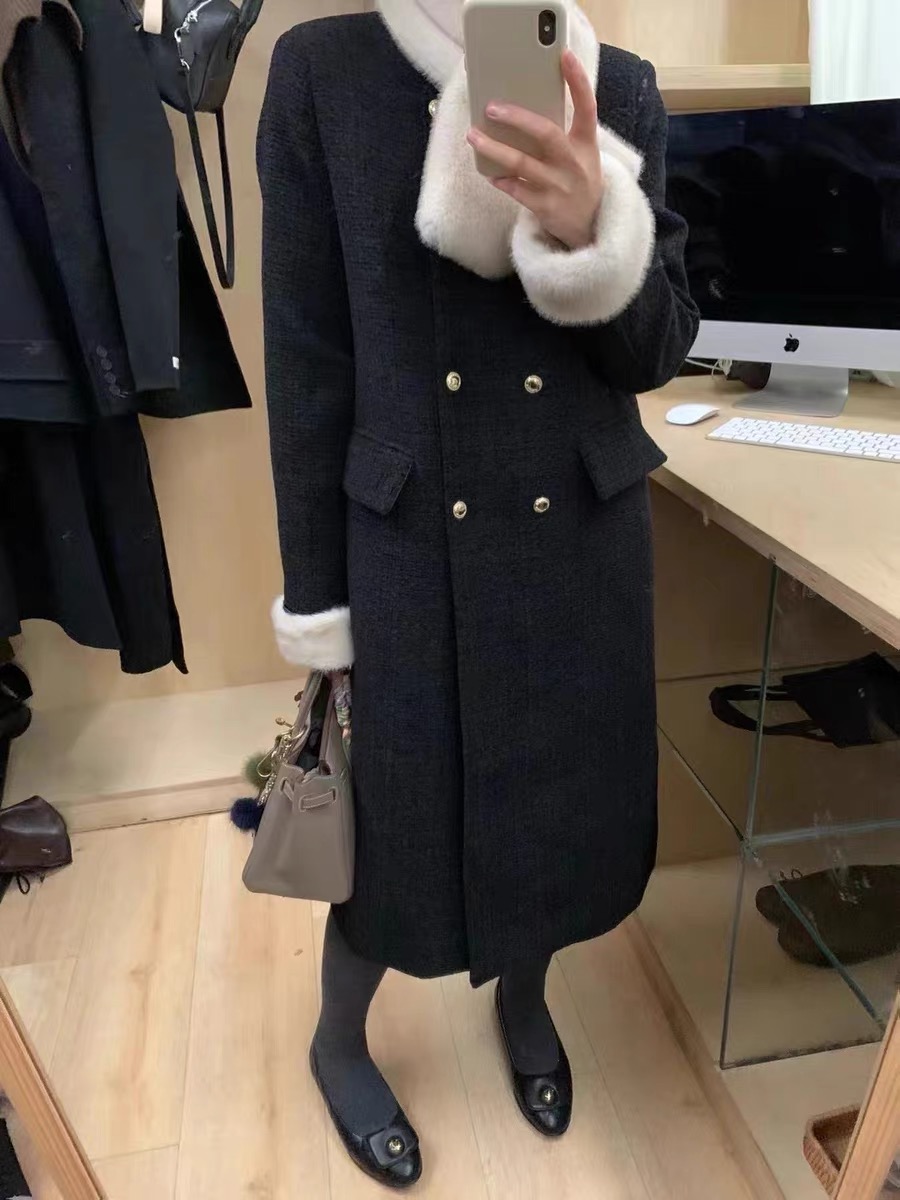 Kimchi Elementary School Xiangfeng New Year's jersey double-breasted jacket with scarf, down lining, black coat