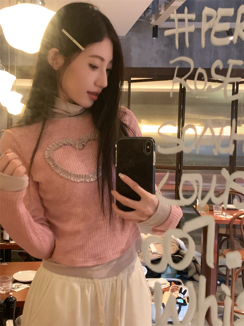 實拍 秋冬韓版高領拼接愛心打底女套頭韓系上衣拼色內搭長袖
