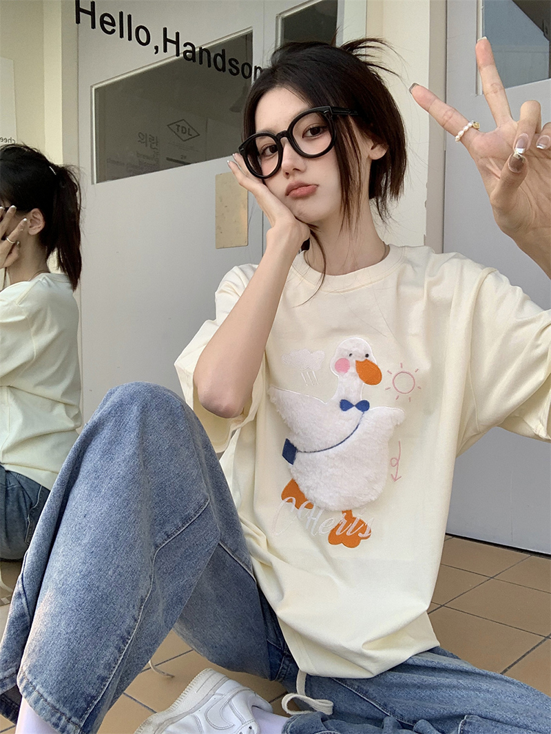 已出貨 210克純棉精密賽後包領 植絨獨眼怪短袖t恤女寬鬆