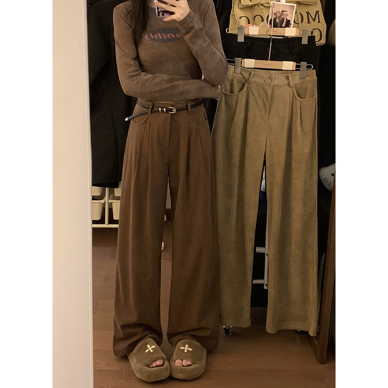 2023秋冬季新款韓版鬆緊腰燈芯絨直筒寬鬆休閒褲子女