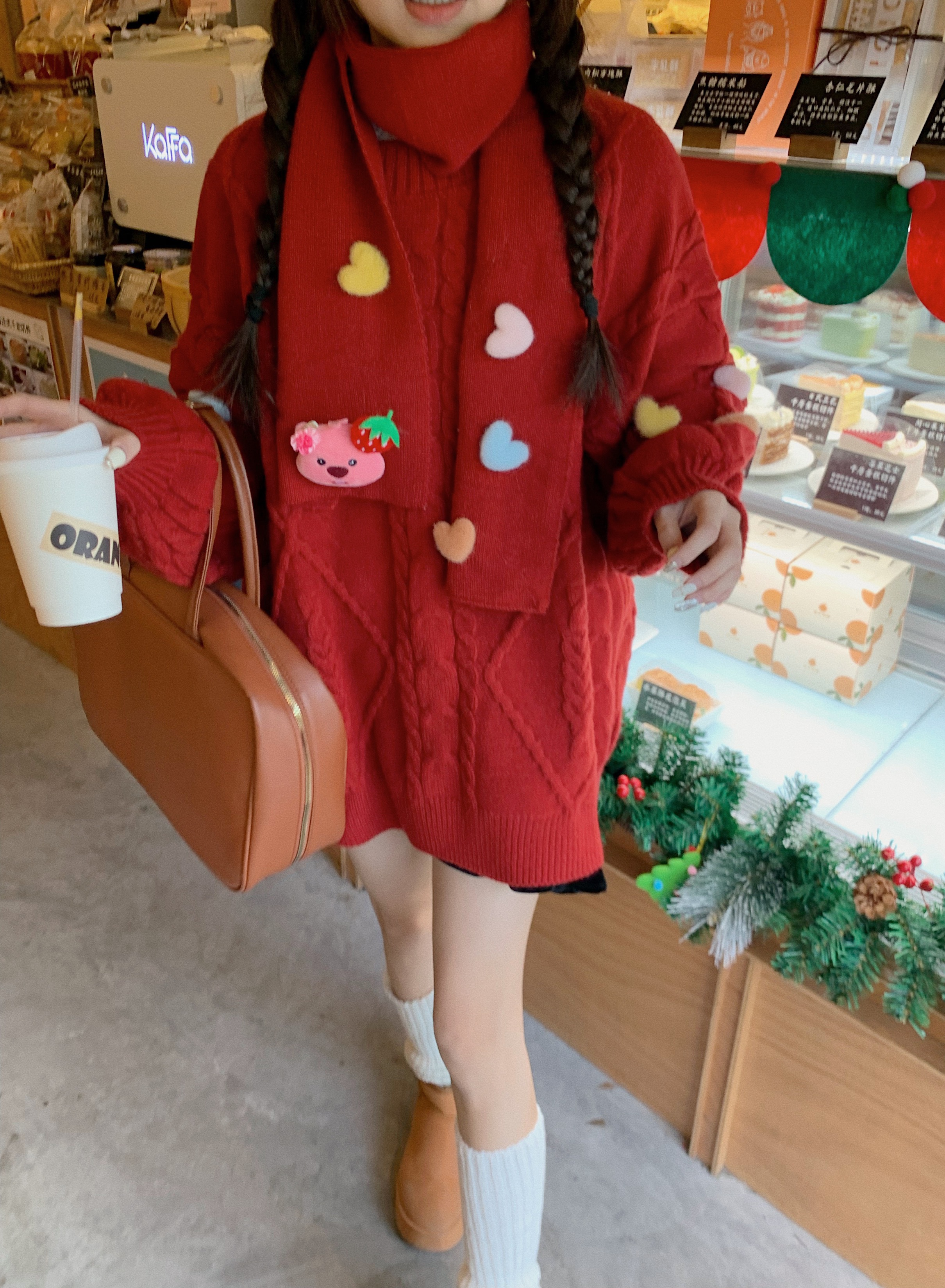 Actual shot of New Year’s red twist sweater for women, loose lazy style thickened sweater for outer wear + scarf