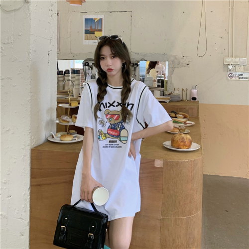 Fake two-piece short-sleeved T-shirt summer Korean version  new loose mid-length bear print large size BF ball