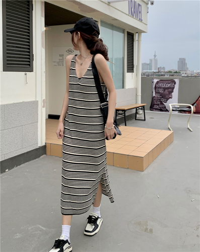 Actual shot Spring~2024 Korean style striped slit knitted dress for women loose slimming long skirt