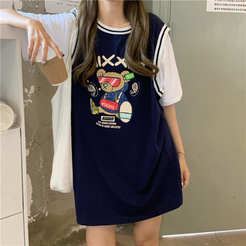 Fake two-piece short-sleeved T-shirt summer Korean version  new loose mid-length bear print large size BF ball