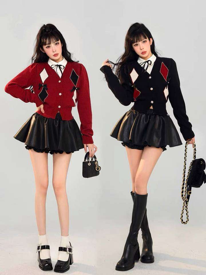 芭比姨聖誕紅色菱格針織開衫女秋冬修身長袖學院風外穿短款毛衣