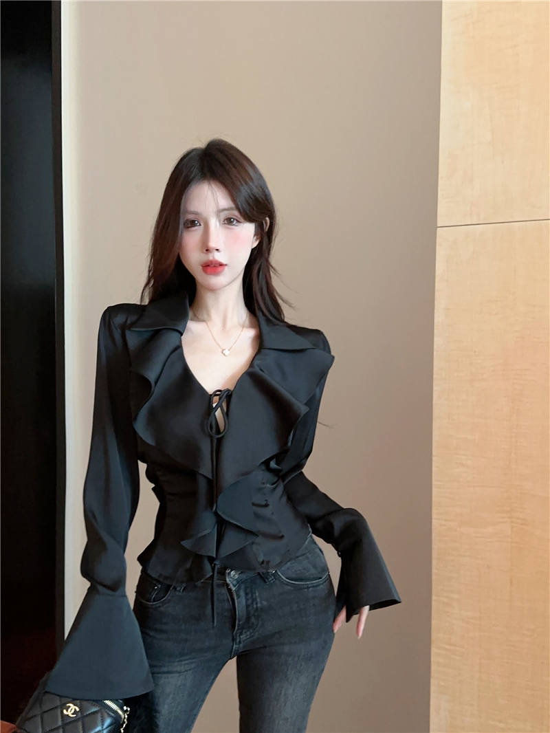 實拍~2024早春新款法式復古宮廷風綢面花邊系帶長袖襯衫女