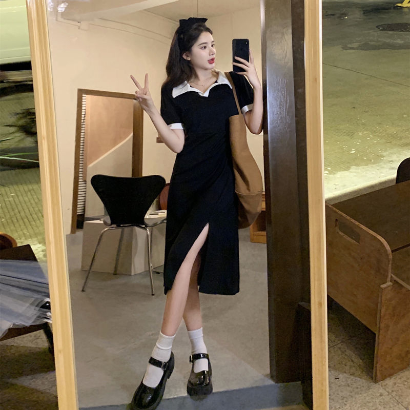 2023新款甜美撞色polo領開叉連衣裙女夏設計感褶皺修身顯瘦長裙子
