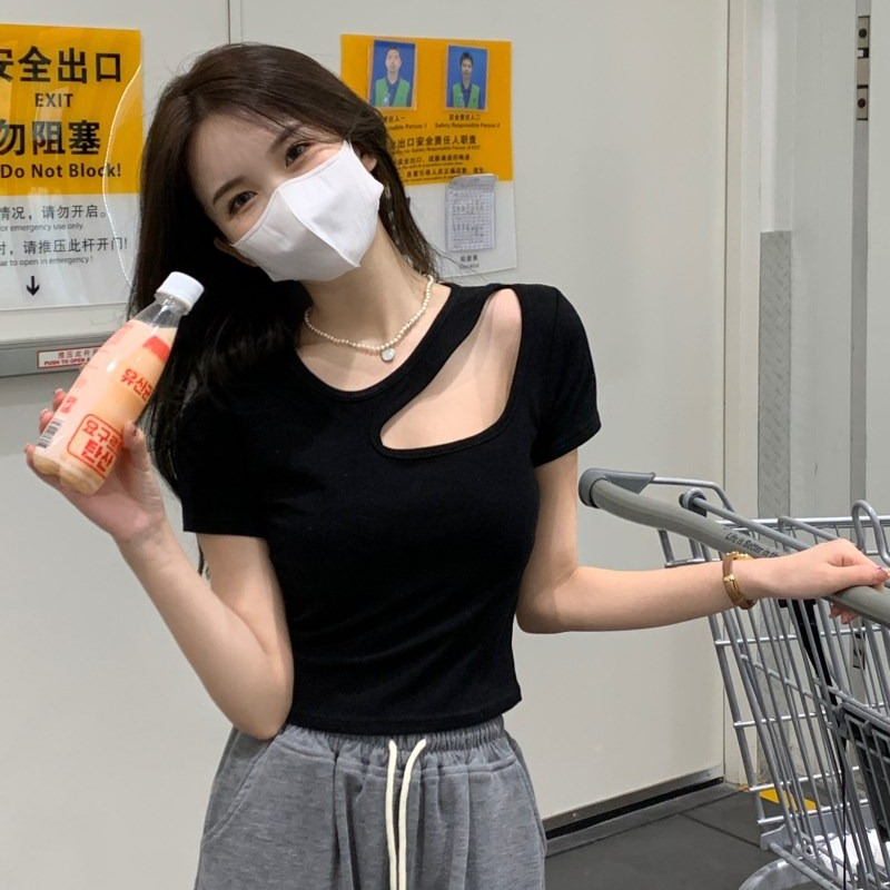 夏季純欲風設計感鏤空修身短款打底衫短袖T恤女