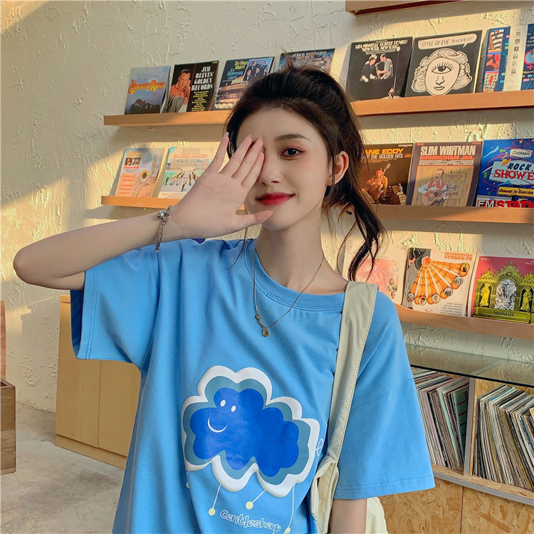 寬鬆綿羊雲朵發泡印花短袖T恤女設計感上衣ins潮