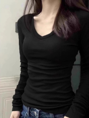 92 cotton 8 spandex 2024 spring and autumn new v-neck slim long-sleeved T-shirt for women