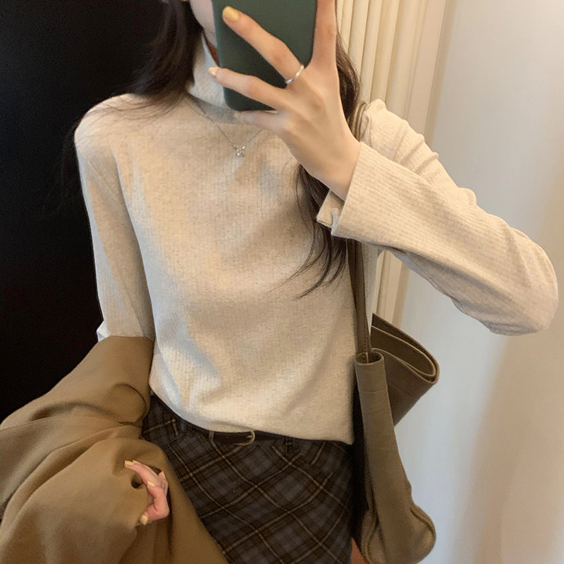 實拍圖高領坑條基礎款長袖T恤女秋冬2023新款打底衫百搭正肩內搭