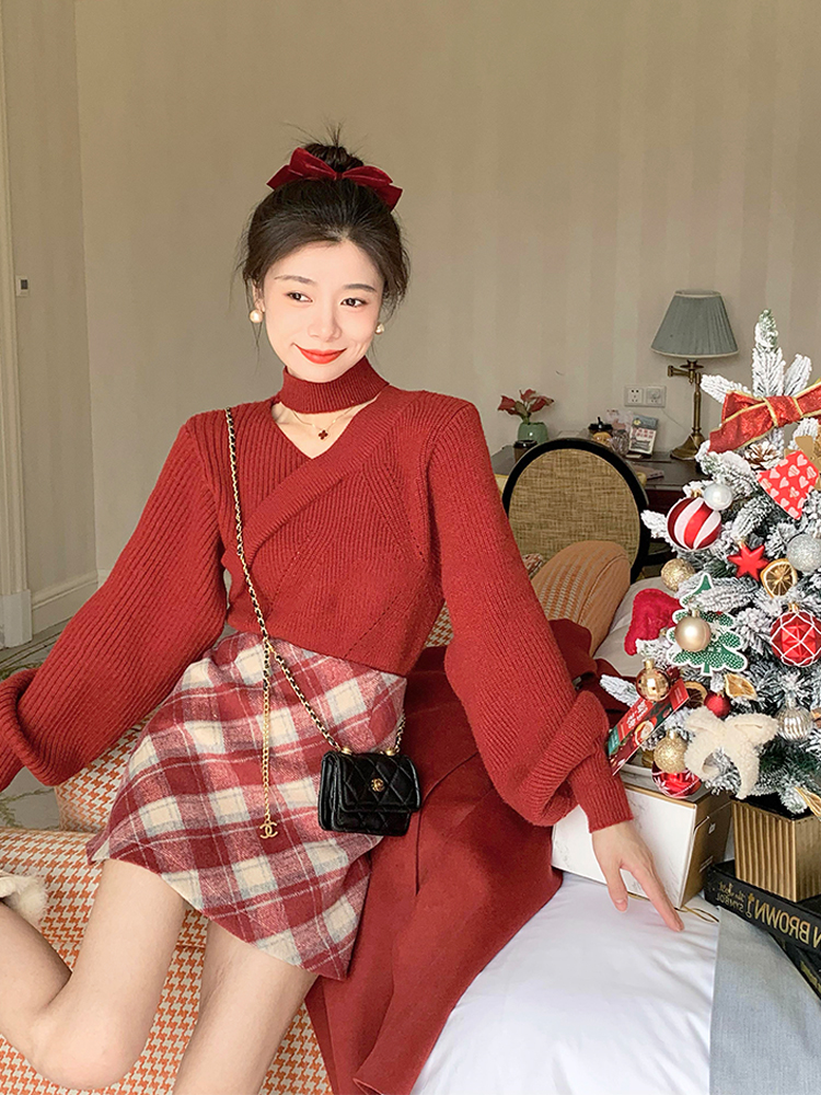 冬裝搭配一整套茶里茶氣小香風紅色新年聖誕戰袍今年流行兩件套裙
