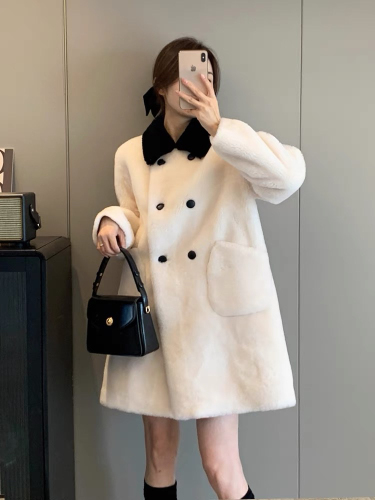 Black and white small fragrance style contrasting color coat sherpa coat women's mid-length Korean style coat versatile style