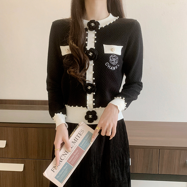 實拍 2024春秋韓版早春小香風山茶花釘珠刺繡針織衫毛衣女