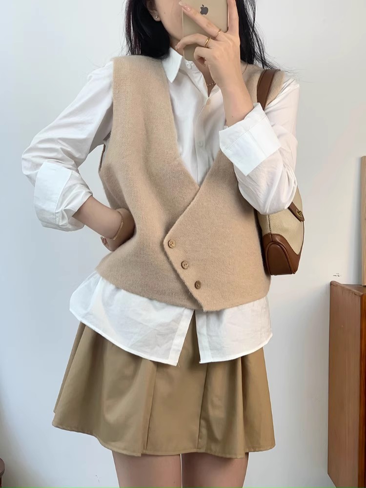 自製~韓國東大門女裝2023新款疊穿針織馬甲百搭不對稱鏤空馬甲