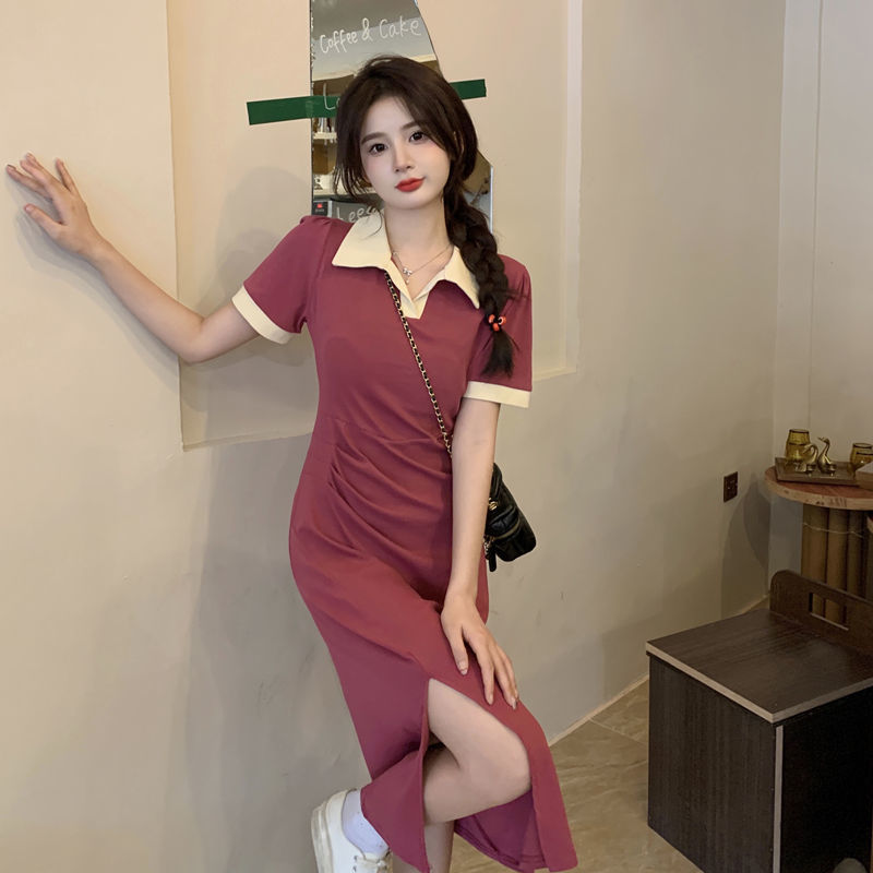 2023新款甜美撞色polo領開叉連衣裙女夏設計感褶皺修身顯瘦長裙子