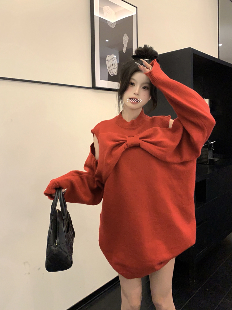 實拍 紅色寬鬆慵懶新年露肩蝴蝶結針織毛衣