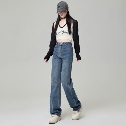 Real shot ~ 2024 spring and summer new style drapey wide-leg floor-length jeans, high-waisted, straight-leg cover-up, slim and versatile ins trend