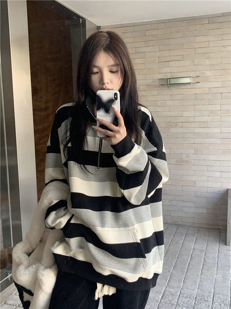 實拍~美式復古半拉鏈條紋衛衣女2023新款套頭上衣