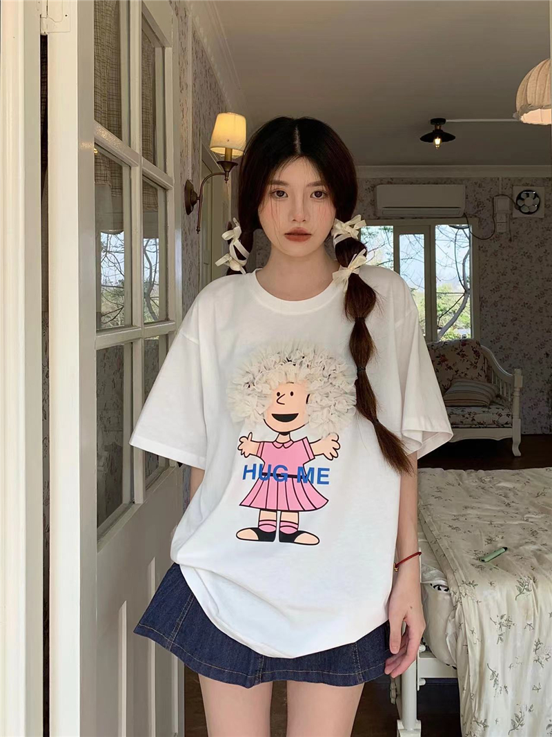 T恤女設計感立體卡通印花夏季韓版2023新款寬鬆中長款短袖上衣ins