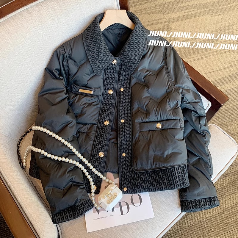 High-end black lapel woven splicing cotton jacket for women autumn and winter 2023 new retro loose warm short jacket