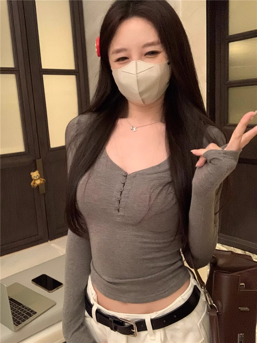 官圖 純欲長袖T恤內搭女春秋辣妹修身顯瘦打底衫短款百搭圓領上衣