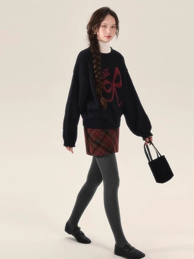 甜美加厚蝴蝶結套頭上衣女秋冬季新款寬鬆軟糯慵懶風圓領長駝毛衣