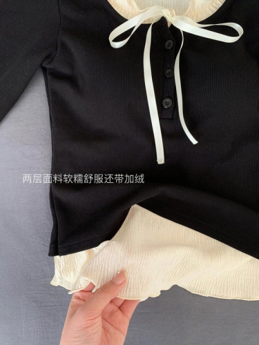 Cut as you like, fake two-piece bottoming shirt for women, autumn and winter ballet style straps with bow repair