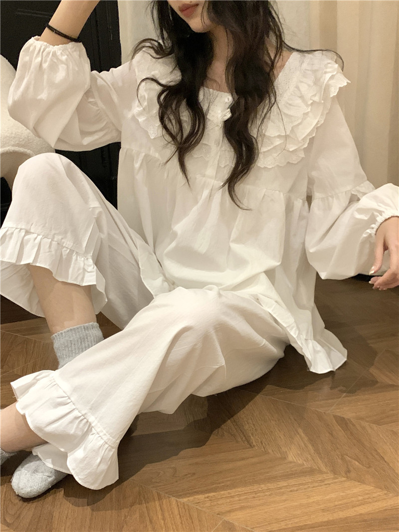 實拍韓版甜美蕾絲公主風小清新寬鬆春秋長袖長褲純色家居服套