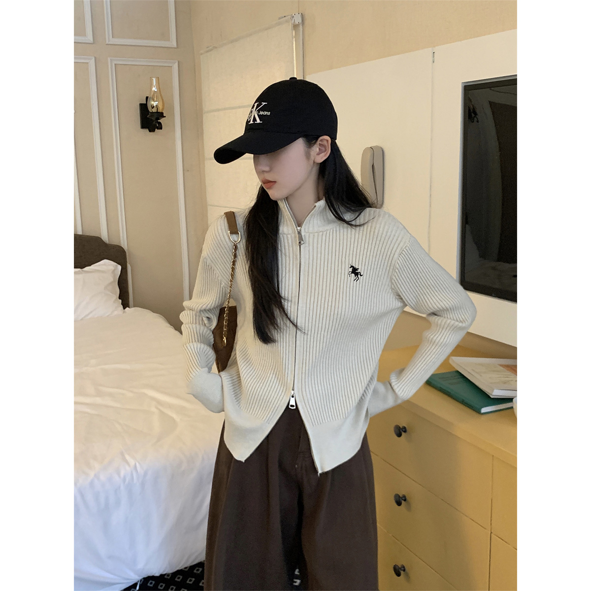 質檢官圖美式拉鏈高領針織開衫女秋冬季新款寬鬆毛衣外套短款上衣