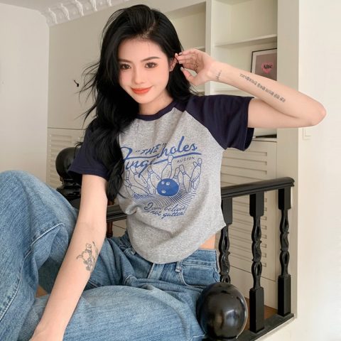 螺紋 撞色拼接修身弧形短袖t恤女