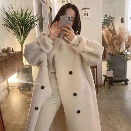 Korean chic autumn and winter gentle temperament large lapel double-breasted loose and versatile long-sleeved lamb wool coat for women