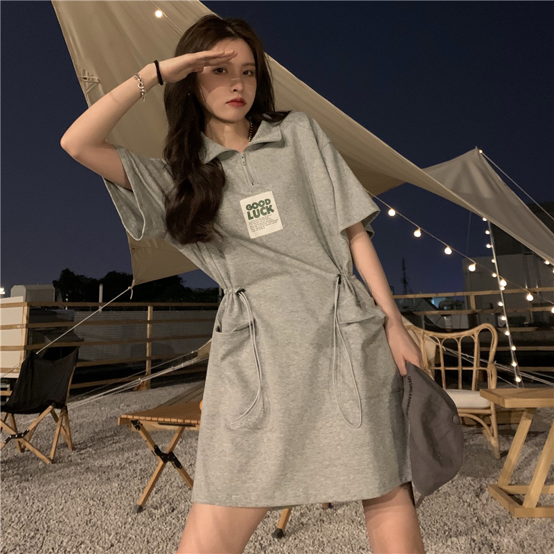 夏季韓版2023新款抽繩收腰顯瘦可鹽可甜POLO領字母短袖連衣裙子女