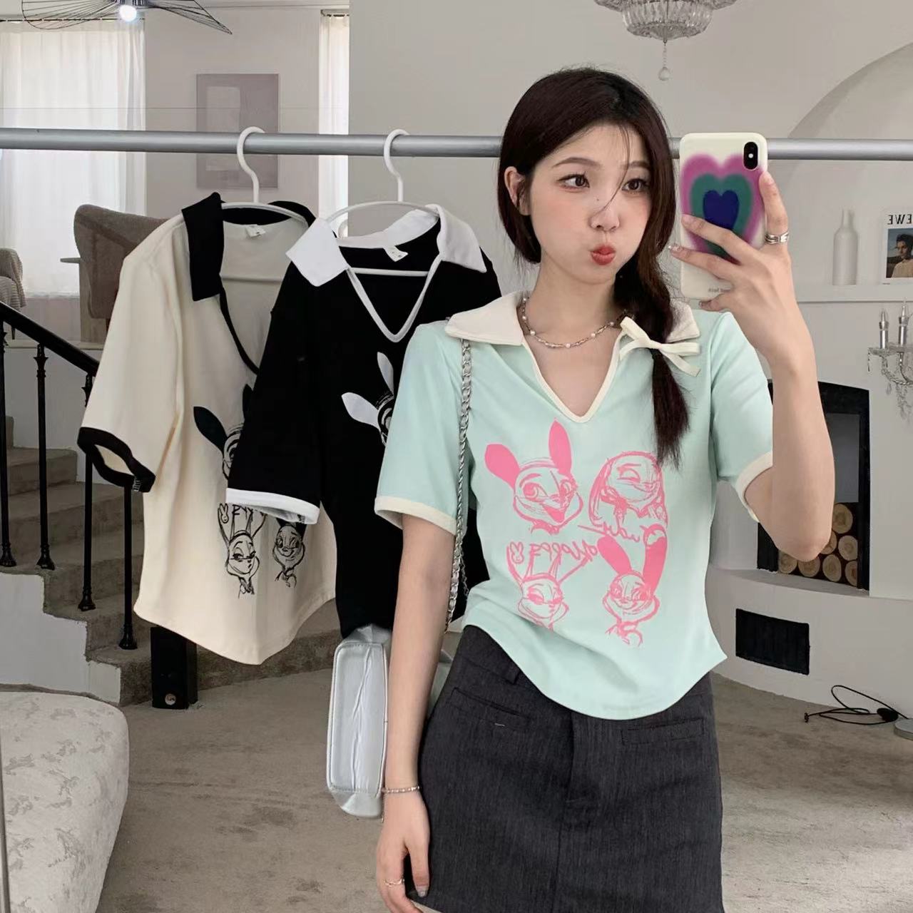 螺紋 Polo領印花短袖t恤女夏胖mm遮肚子藏肉顯瘦正肩上衣