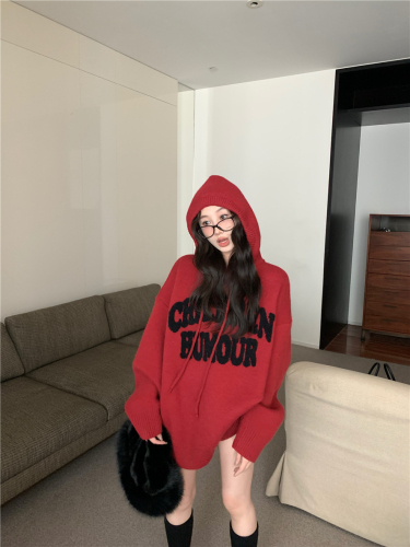 Actual shot of letter embroidered loose lazy style thickened hooded sweater jacket for women autumn and winter sweater