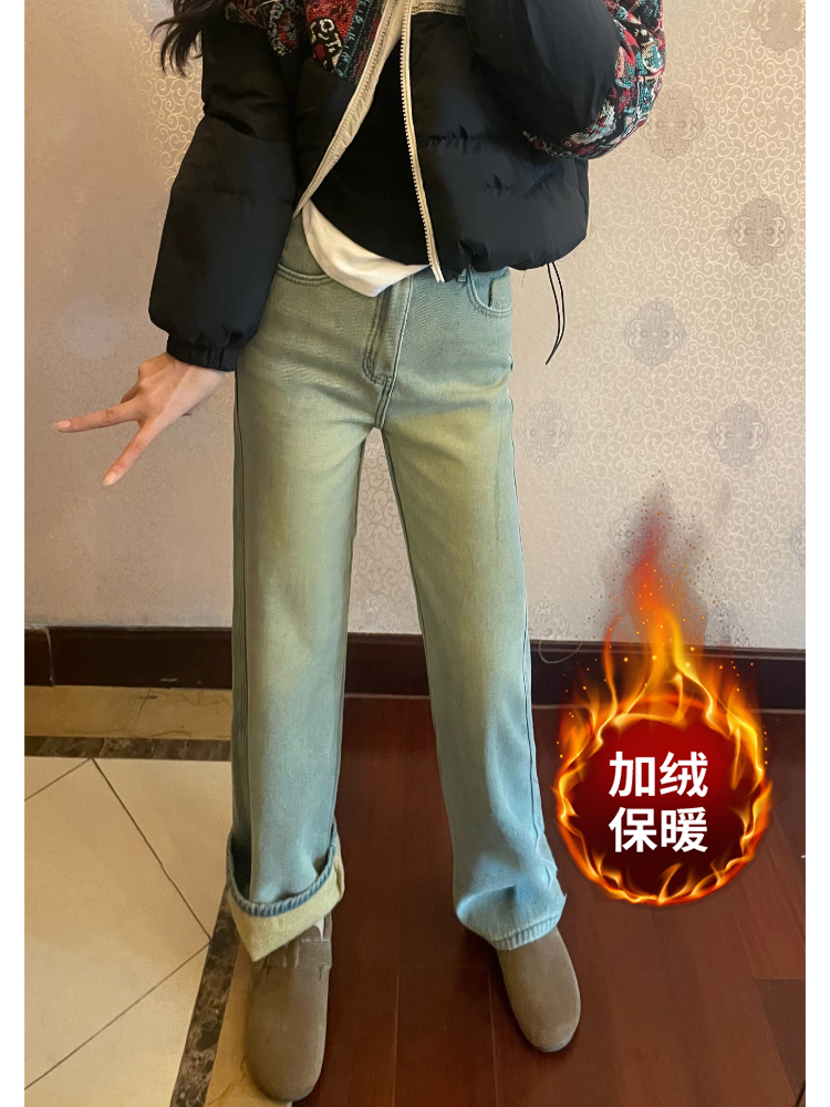 大碼復古法式加絨加厚牛仔褲女秋冬季胖妹妹高腰氣質直筒拖地褲子