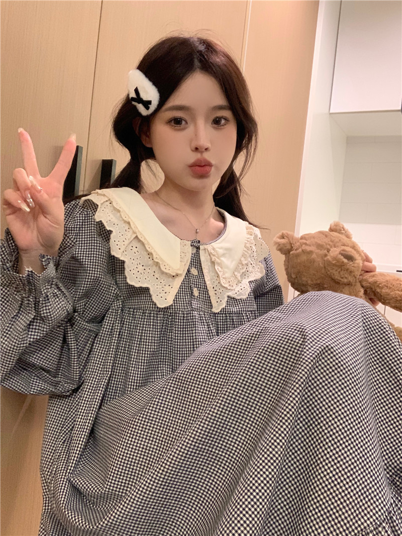 實拍韓版甜美小清新娃娃領寬鬆全棉簡約細格春秋家居套裝睡裙
