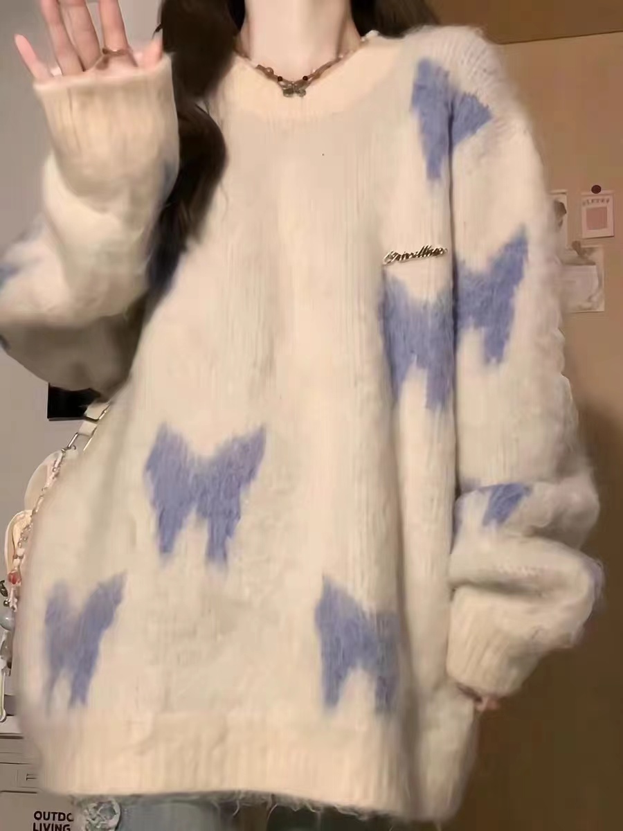 超好看馬海毛慵懶風毛衣女秋冬加厚軟糯設計感中長款情侶針織上衣
