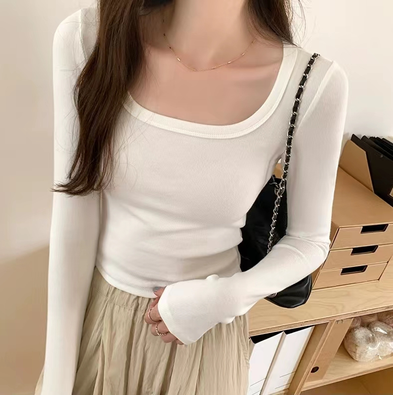 260克1*1螺紋德絨方領打底衫女短款內搭上衣辣妹修身正肩長袖t恤
