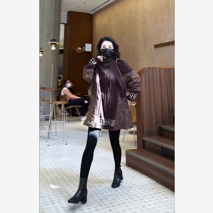 拼接加厚套頭毛衣女中長款冬新款歐貨寬鬆高領假兩件