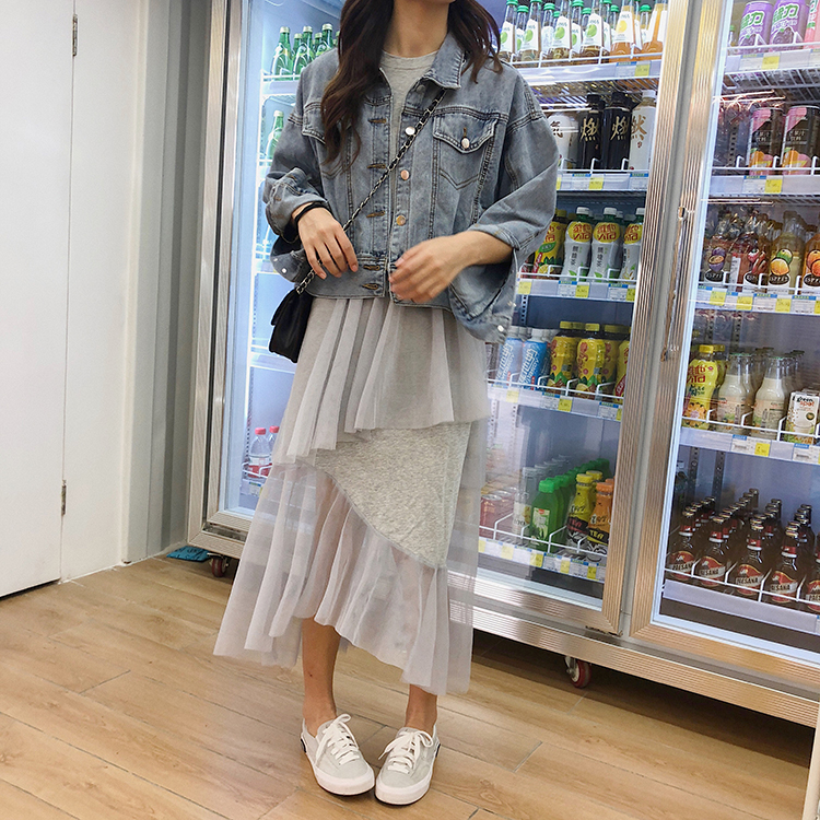 春裝2023款女裝韓版圓領短袖長款不規則網紗拼接T恤連衣裙長裙子