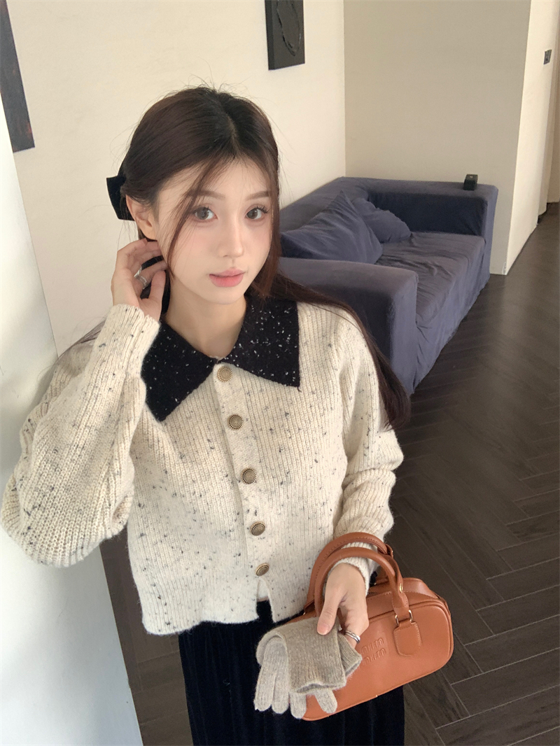 實拍 冬季復古設計感挑染別致針織毛衣撞色Polo領單排扣開衫