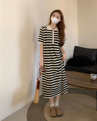 Actual shot Spring~Contrast color striped Polo collar short-sleeved dress for women, loose slimming mid-length skirt