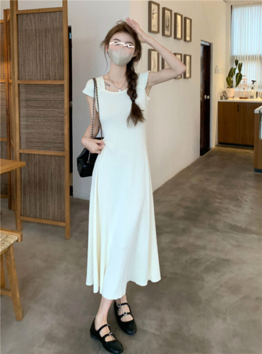 Real shot Spring~Solid color French minimalist style dress for women, gentle square collar, slimming waist, long skirt
