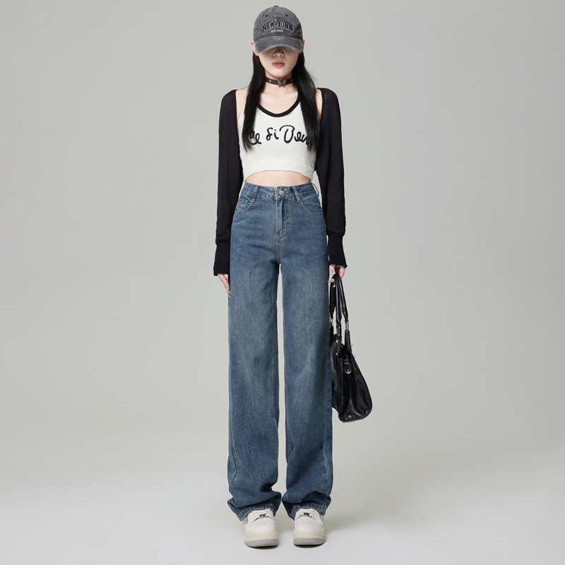 Real shot ~ 2024 spring and summer new style drapey wide-leg floor-length jeans, high-waisted, straight-leg cover-up, slim and versatile ins trend
