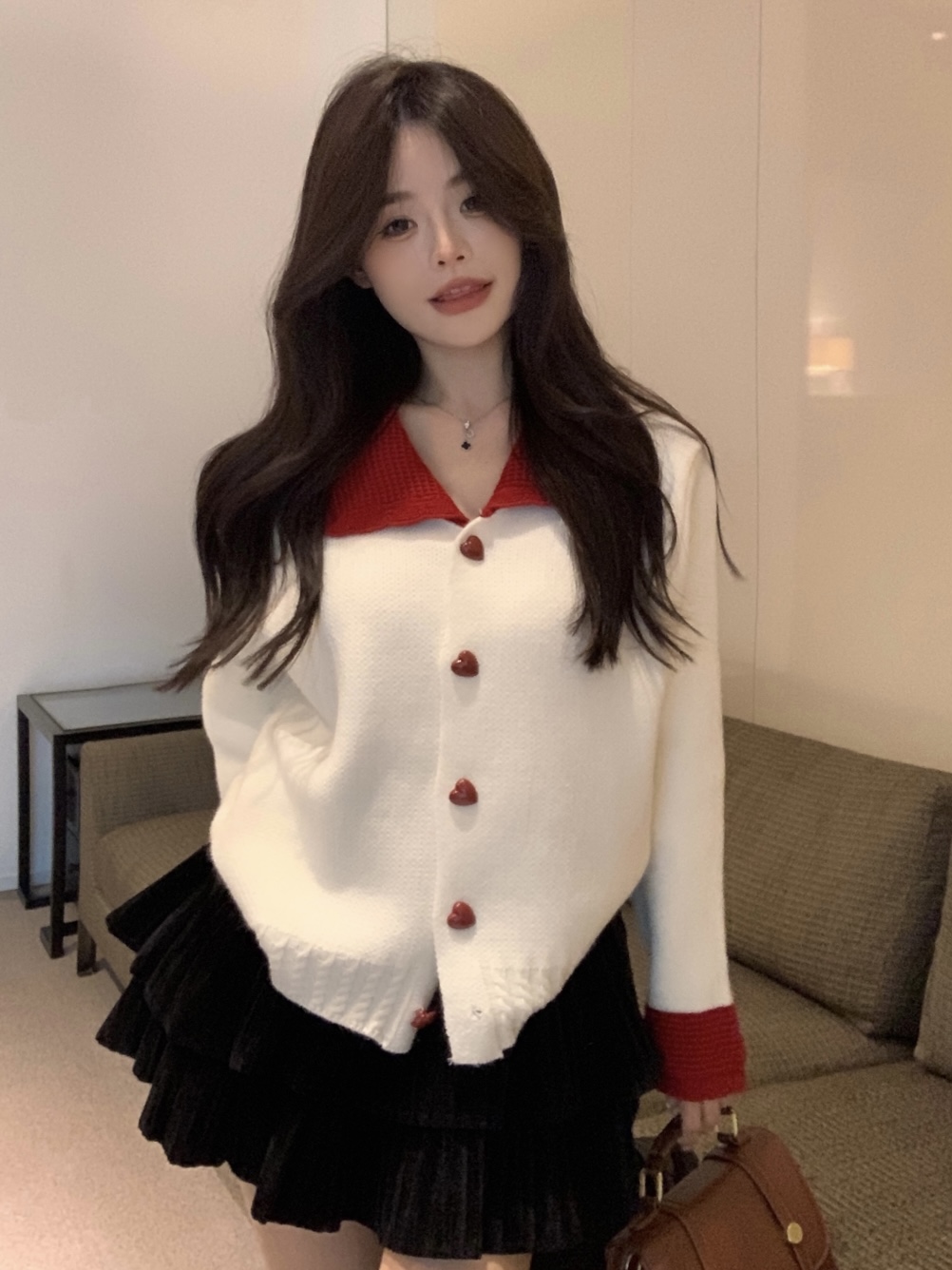 Actual shot of new Korean style doll collar thickened contrasting color love button sweater knitted cardigan top for women