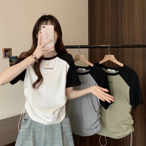 官圖冰絲螺紋短袖T恤女寬鬆抽繩刺繡上衣夏