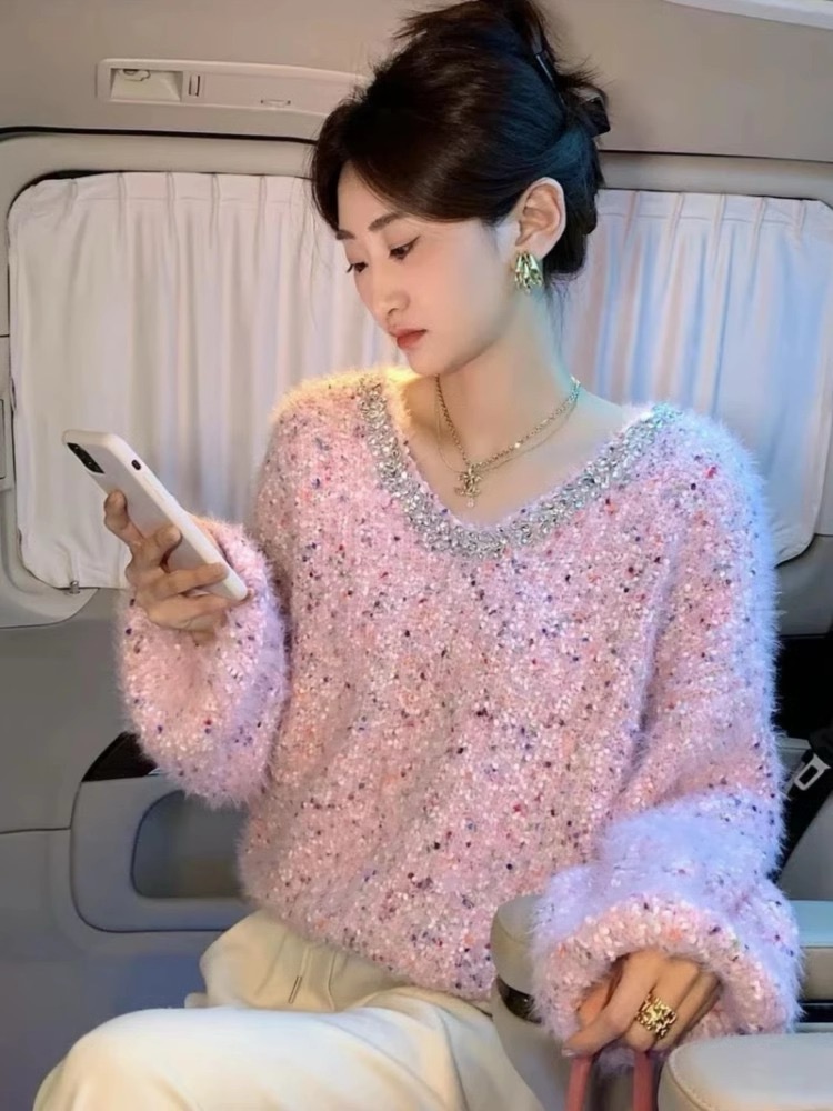 韓版釘珠彩色波點拼接軟糯毛衣女針織毛衣慵懶風時尚氣質長袖上衣