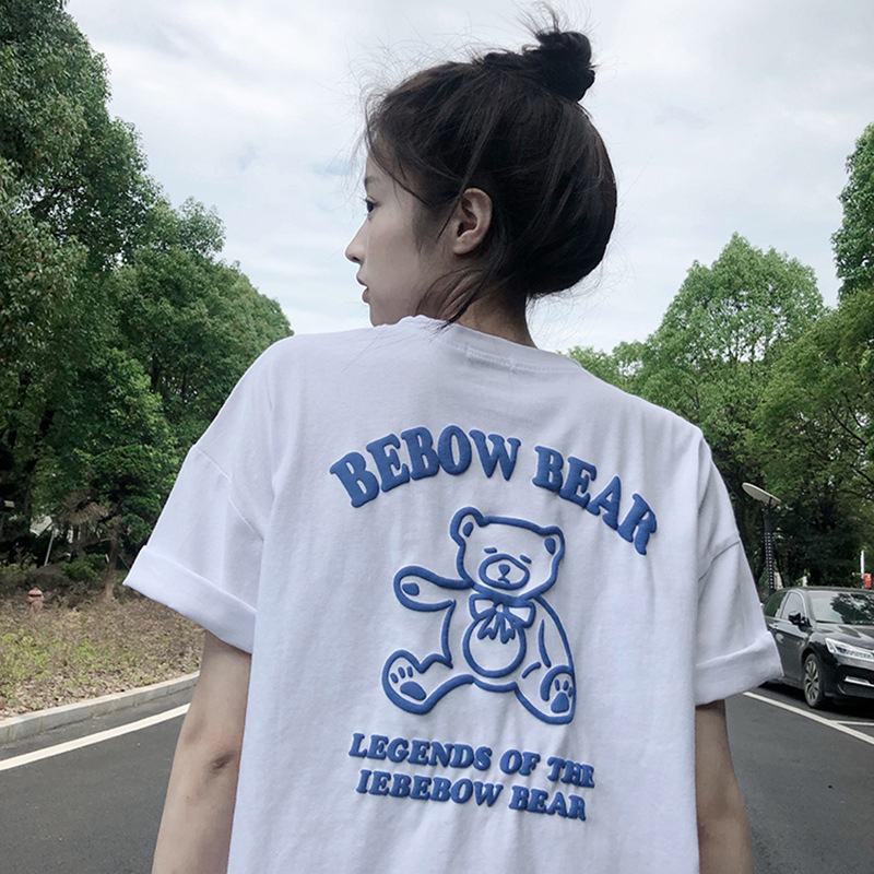小熊發泡印花T恤女夏季寬鬆百搭短袖學生上衣